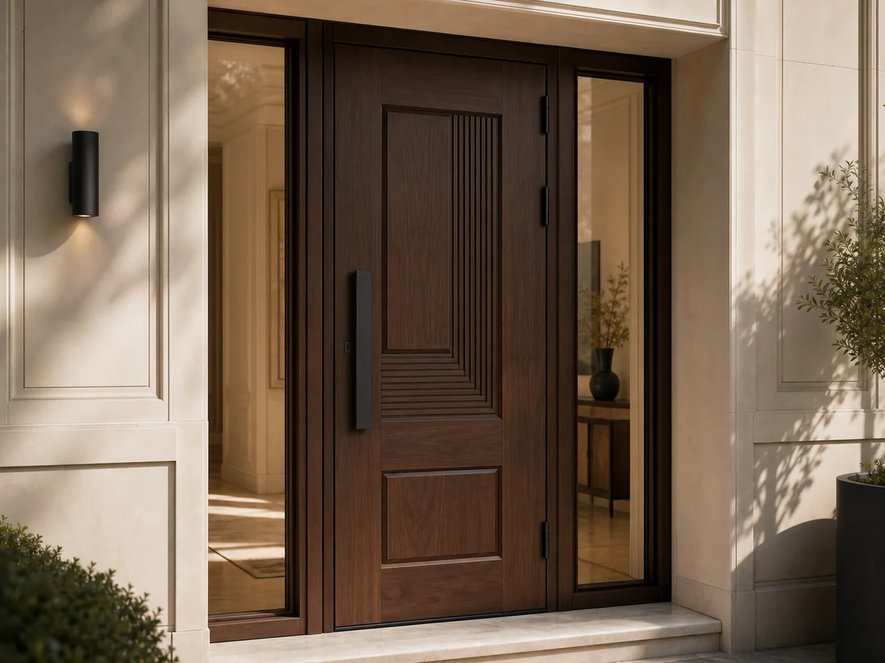 Porte d'entrée design en bois sombre avec quincaillerie noire