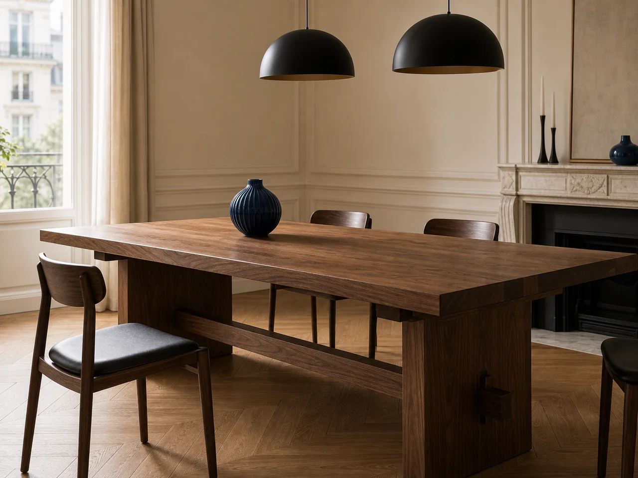 Table en bois massif dans une salle à manger raffinée