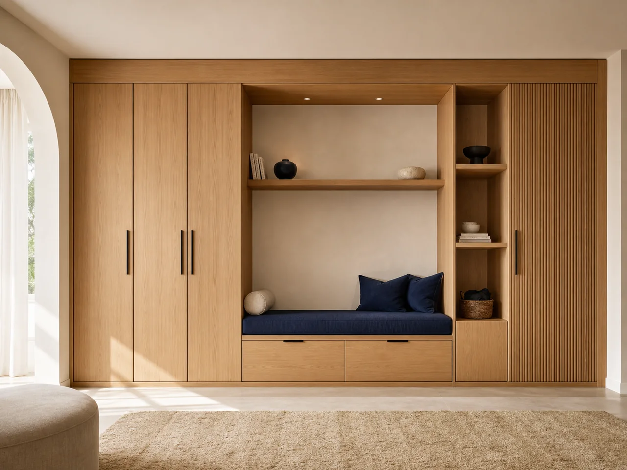 Agencement mural en bois avec rangements intégrés